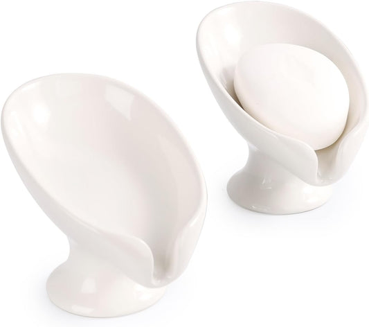 Soap Dish Set, Self Draining Bar Soap Holder for Bathroom Sink, Leaf Shaped Drainage Soap Dish Ceramic White Porcelain Decorative Soap Dishes 2PCS, ANTIS'S HOME