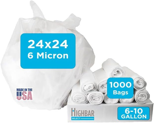 24" x 24" Clear Trash Bags, 6-10 Gallon Trash Bag, 1000 Count, 6 Micron, Value Pack, For Lightweight Trash for Small Wastebaskets, For Home and Office Use