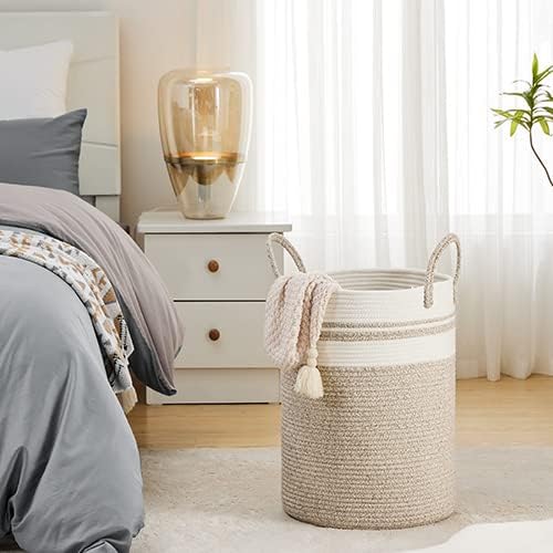 Fiona's magic 100L Extra Large Laundry Hamper Basket, 26.4Gal Tall Woven Laundry Basket Storage, Baby Nursery Hamper for Blankets, Clothes Hamper for Bedroom and Living Room Organizing, Brown & White