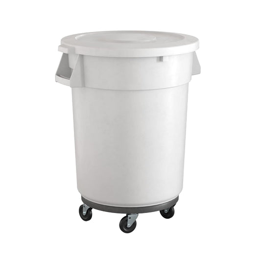 32 Gallon White Round Commercial Trash Can with Lid and Dolly