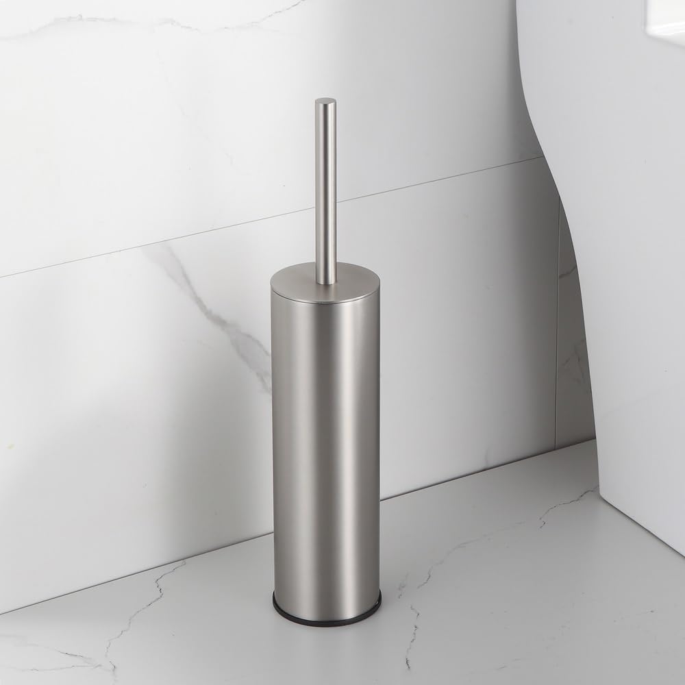 Toilet Brush and Holder Set Brushed Nickel Stainless Steel, 304 Heavy Duty Round Toilet Brush Set – Rust Resistant, Long Handle, Replacement Heads, Floor Standing Bathroom Toilet Cleaning