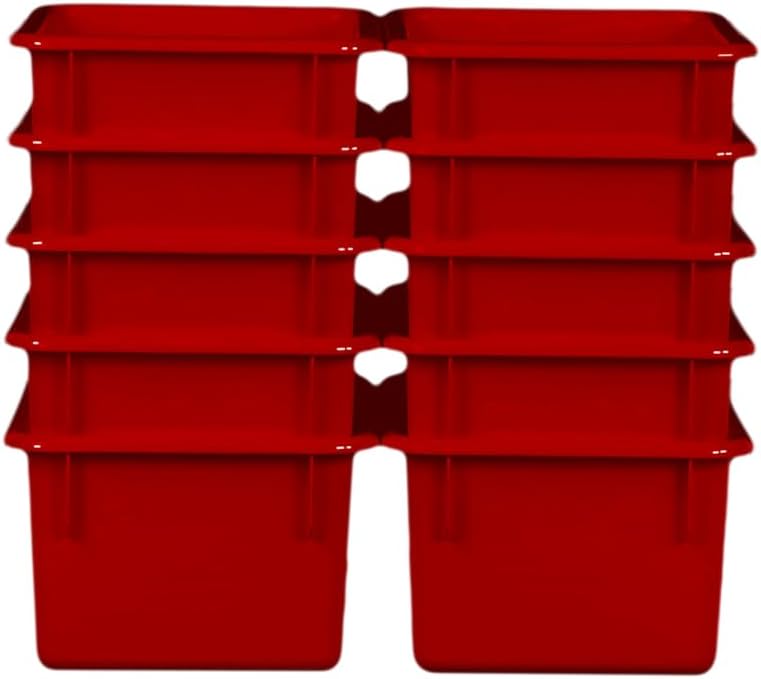 Wood Designs Cubby Storage Bin, Heavy Duty Plastic Containers for Kids Red Cubby Tray Set of 10