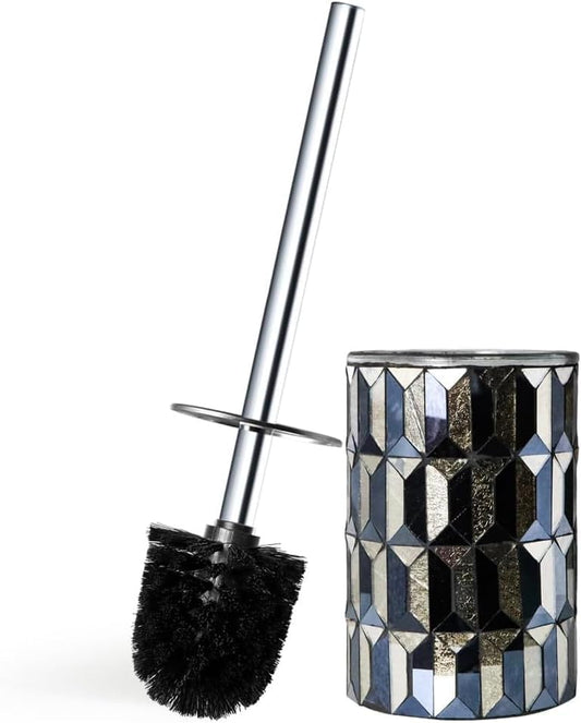 Escenzy Cute Toilet Brush and Holder Set Mosaic Glass | Non-Rustic Stainless Steel | Practical & Decorative Toilet Bowl Brush and Holder | Luxury Black and Gold Bathroom Accessories (Latest)