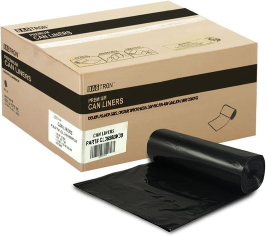 55-60 Gallon Trash Bags, 30 Micron Heavy Duty Pure LDPE Garbage Can Liners, 36" x 58" Large, Black, 100 Count