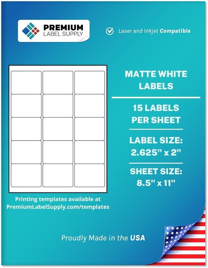 Premium Label Supply White Sticker Labels – 2.625" x 2" – Laser/Inkjet Compatible – (15 per Sheet), 25 Sheets – 375 Total Adhesive Labels