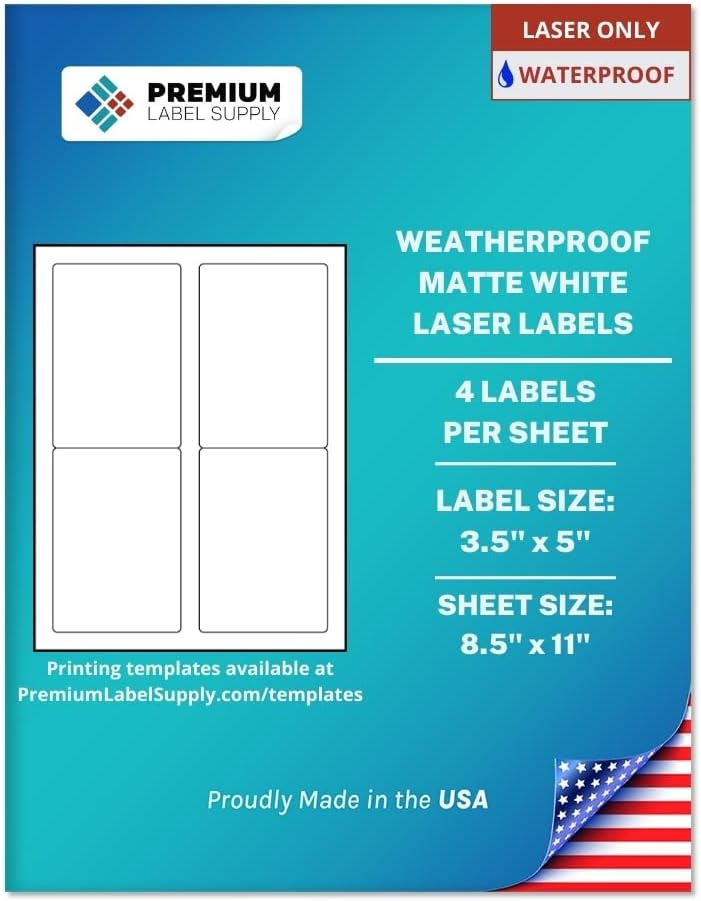Premium Label Supply Waterproof Matte White Sticker Labels – 3.5" x 5" – Laser Printers Only – (4 per Sheet), 10 Sheets - 40 Total Adhesive Labels
