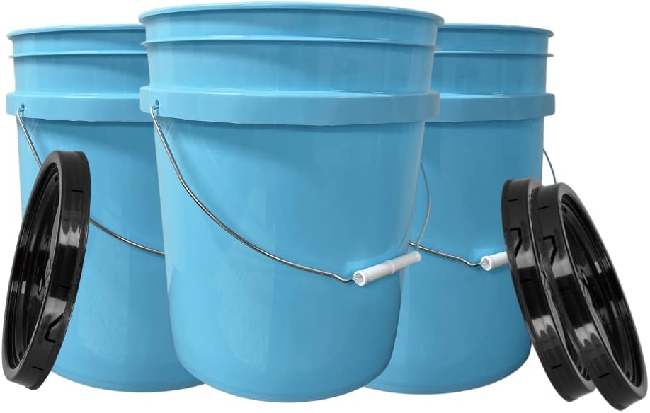 House Naturals Baby Blue 5 gal Food Grade Plastic Bucket Pail Container with Lid (Pack of 3) Made in USA