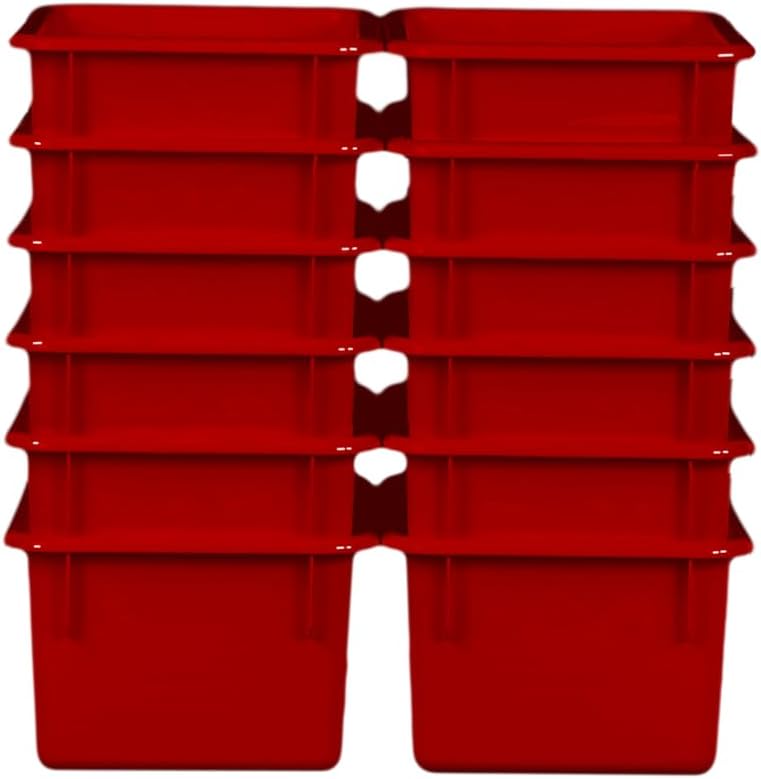 Wood Designs Cubby Storage Bin, Heavy Duty Plastic Containers for Kids Red Cubby Tray Set of 12