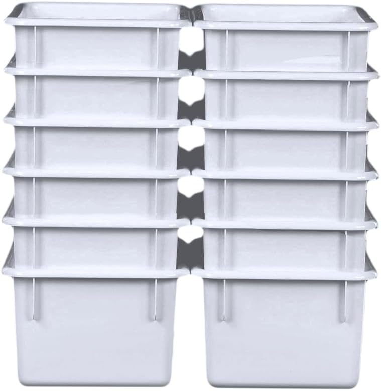 Wood Designs Cubby Storage Bin, Heavy Duty Plastic Containers for Kids White Cubby Tray Set of 12