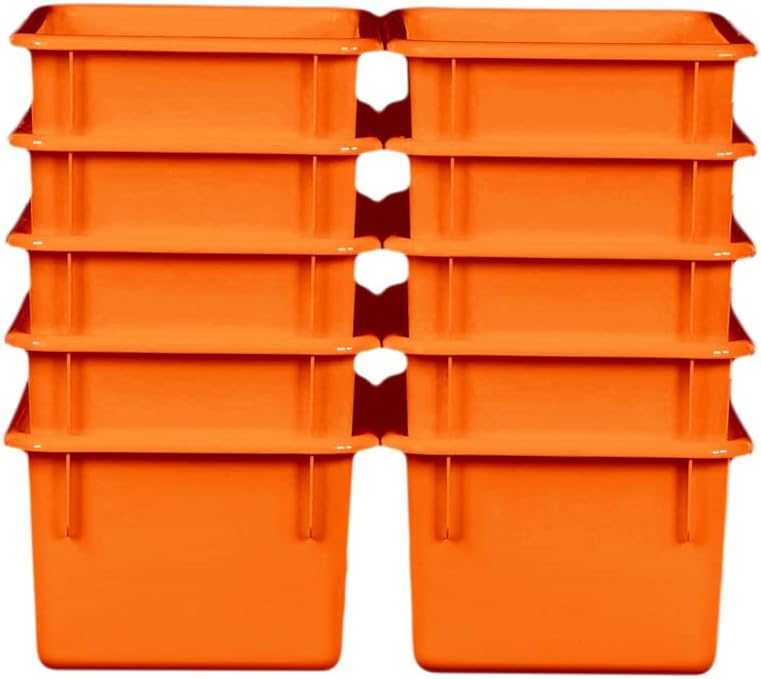 Wood Designs Cubby Storage Bin, Heavy Duty Plastic Containers for Kids Orange Cubby Tray Set of 10