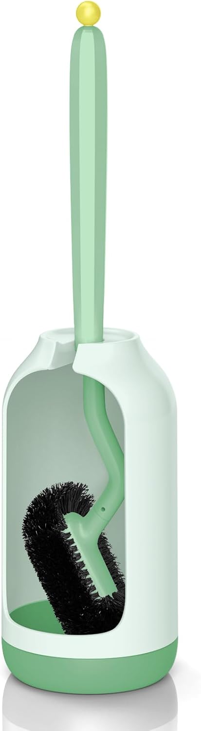 HAMITOR Toilet Bowl Brush Holder Set: Bathroom Deep Cleaning Toilet Cleaner Scrubber Under Rim with Curved Bristle for Dead Corner Clean - Hidden Rv Toilet Decorative Accessories with Caddy- Green