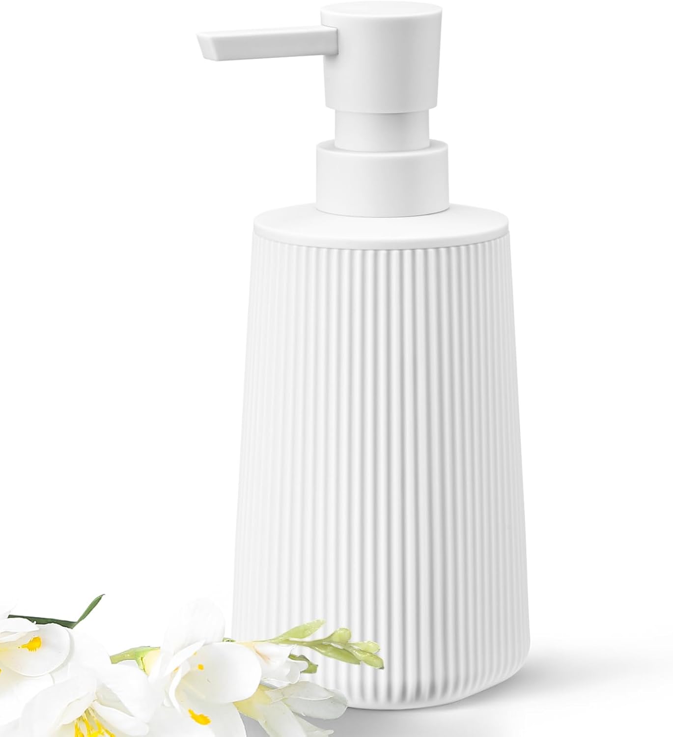 White Hand Soap Dispenser with No Rust Pump for Bathroom and Kitchen Countertops Refillable Striped Matte Plastic 8.5 oz