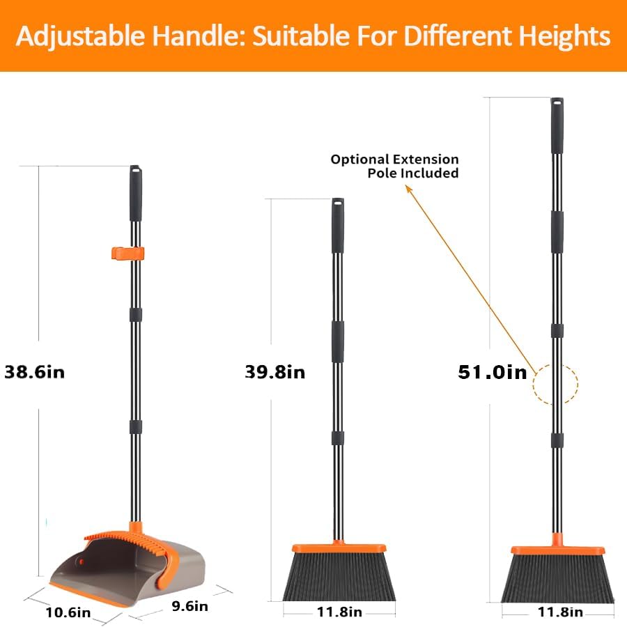 2-Pack is More economical，Upgraded Upright Broom and Dustpan Combo with 52" Long Handle, Dustpan Teeth with self-Cleaning Function, Indoor and Outdoor Sweeping, Perfect for Home Office