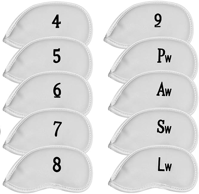 Premium Magnetic Leather Iron and Wedge Golf Club Head Covers | Set of 10 | Fits Most Clubs | Embroidered Club Label on Both Sides of Club Head Cover