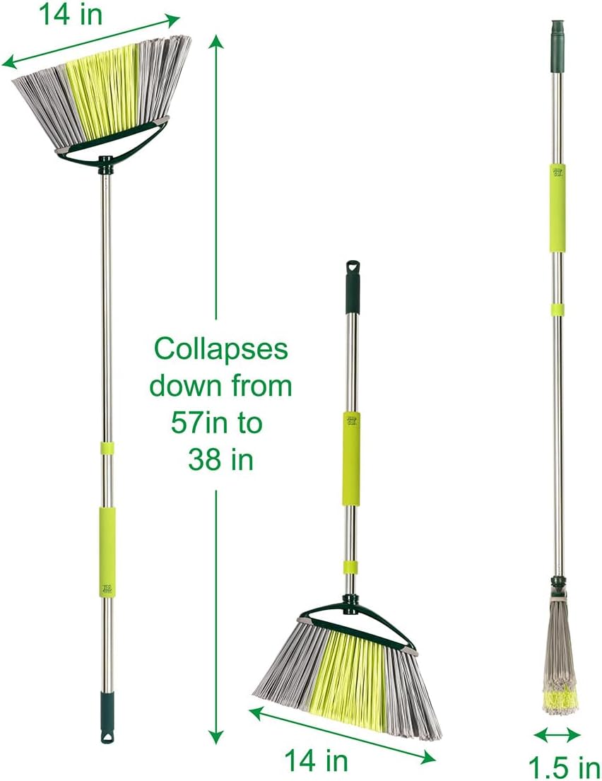 Pine-Sol Indoor Jumbo Broom with Long, Stainless Steel Collapsible Handle for Easy Storage, Heavy Duty Angle Bristles for Wood, Tile, Linoleum, and More - Sweeps Wet or Dry Debris
