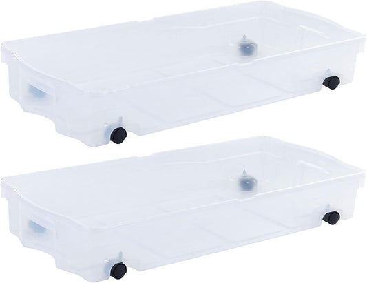 Rubbermaid 70 Quart Under the Bed Low Profile Storage Boxes with Dual Hinged Lids and Easy Rolling Caster Wheels, Clear, 2 Pack