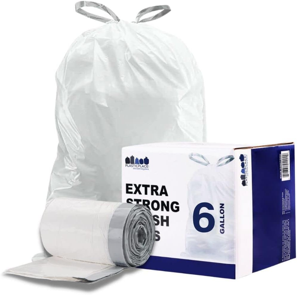 Plasticplace 4 - 6 Gallon White Drawstring Bags, 100% Prime Material, 17x20, 0.7 Mil, 200/Case