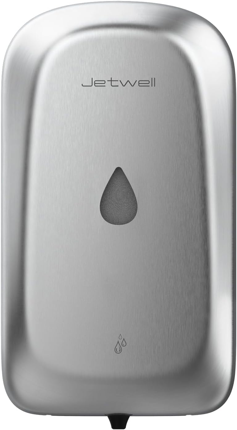 JETWELL Automatic Touch-Less Wall Mount Hand Soap Dispenser Liquid Drop Battery Operated, Brushed Stainless Steel Cover Large Capacity 34OZ/1000ML for Kitchen Home Commercial Bathroom