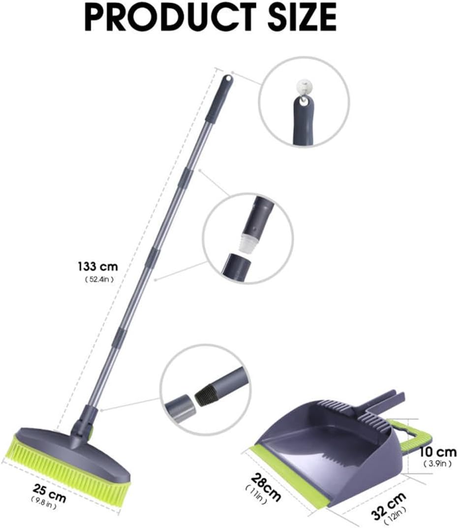 Adjustable Rubber Push Broom and Dustpan Set,Self Cleaning Indoor Outdoor Angle Brooms with Dust pan for Home,Long Handle for Floor Sweeping, Kids,Carpet Dog Cat Pets Offices Use