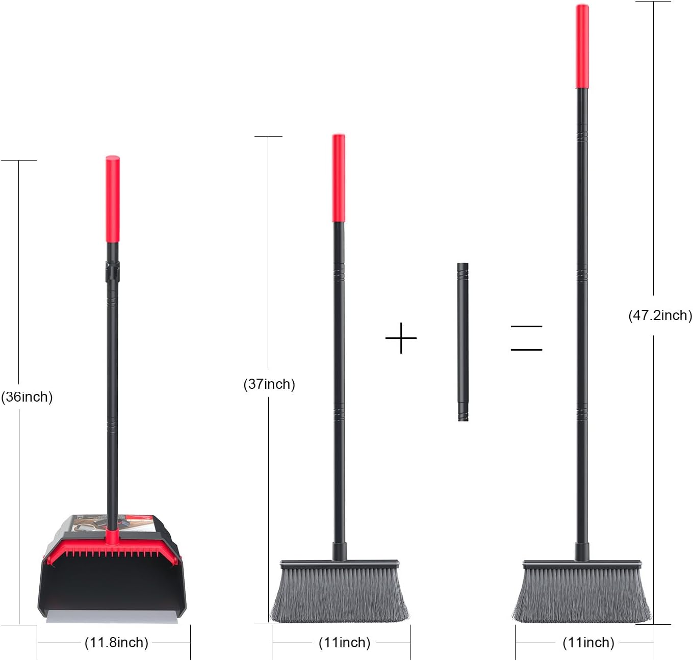 Broom with Dustpan Combo Set, Dust Pans with Long Handle, Brooms with Dustpan, Dust Pan Broom Kit for Home Kitchen & Yard Outside Sweeping(Gray&Red)