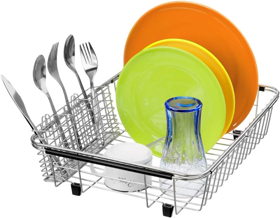 SANNO Expandable Dish Drying Rack Over Sink Dish Rack Shelf in Sink or On Countertop with Stainless Steel Utensil Holder Rustproof Stainless Steel