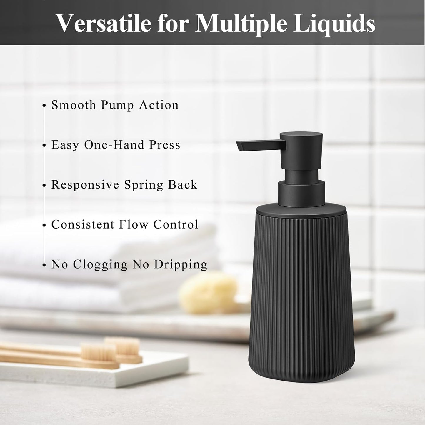 Black 2 Pack Hand Soap Dispensers with No Rust Pump for Bathroom and Kitchen Countertops Refillable Striped Matte Plastic 8.5 oz