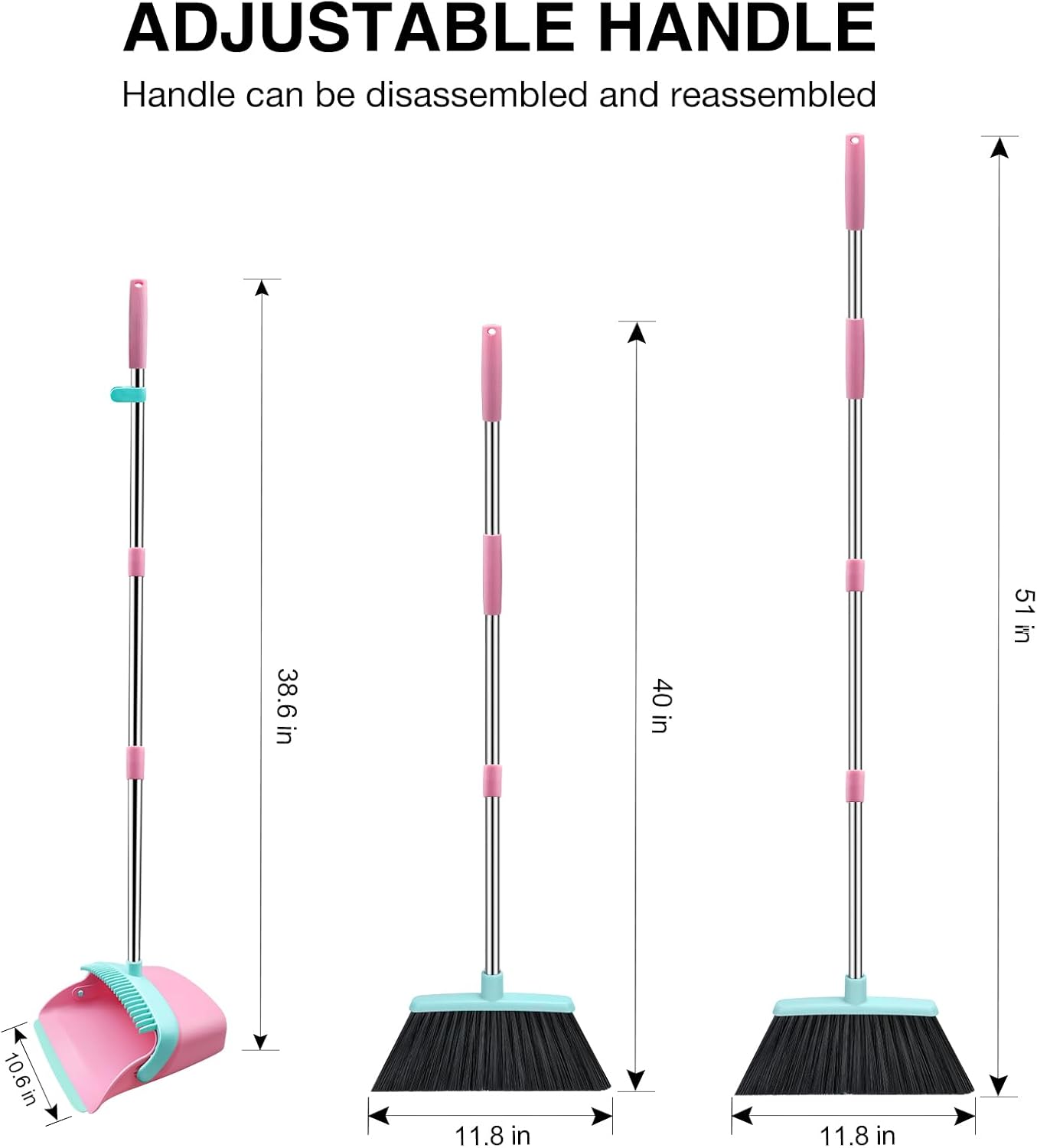 Broom and Dustpan Set, 52-in Long Adjustable Handle Broom Dustpan Combo with Dust pan Teeth to Automatically Clean Hair Suitable for Home Kitchen Office Hall Floor (Pink&Blue), 2 Pack