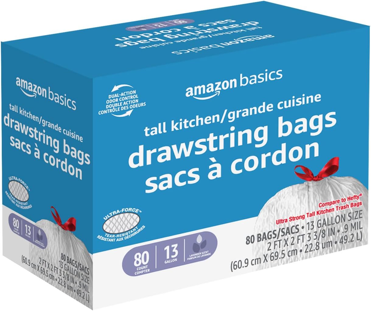 Amazon Basics Ultra-Force Tall Kitchen Drawstring Trash Bags, Lavender Scented, 13 Gallon, 80 Count, Pack of 1