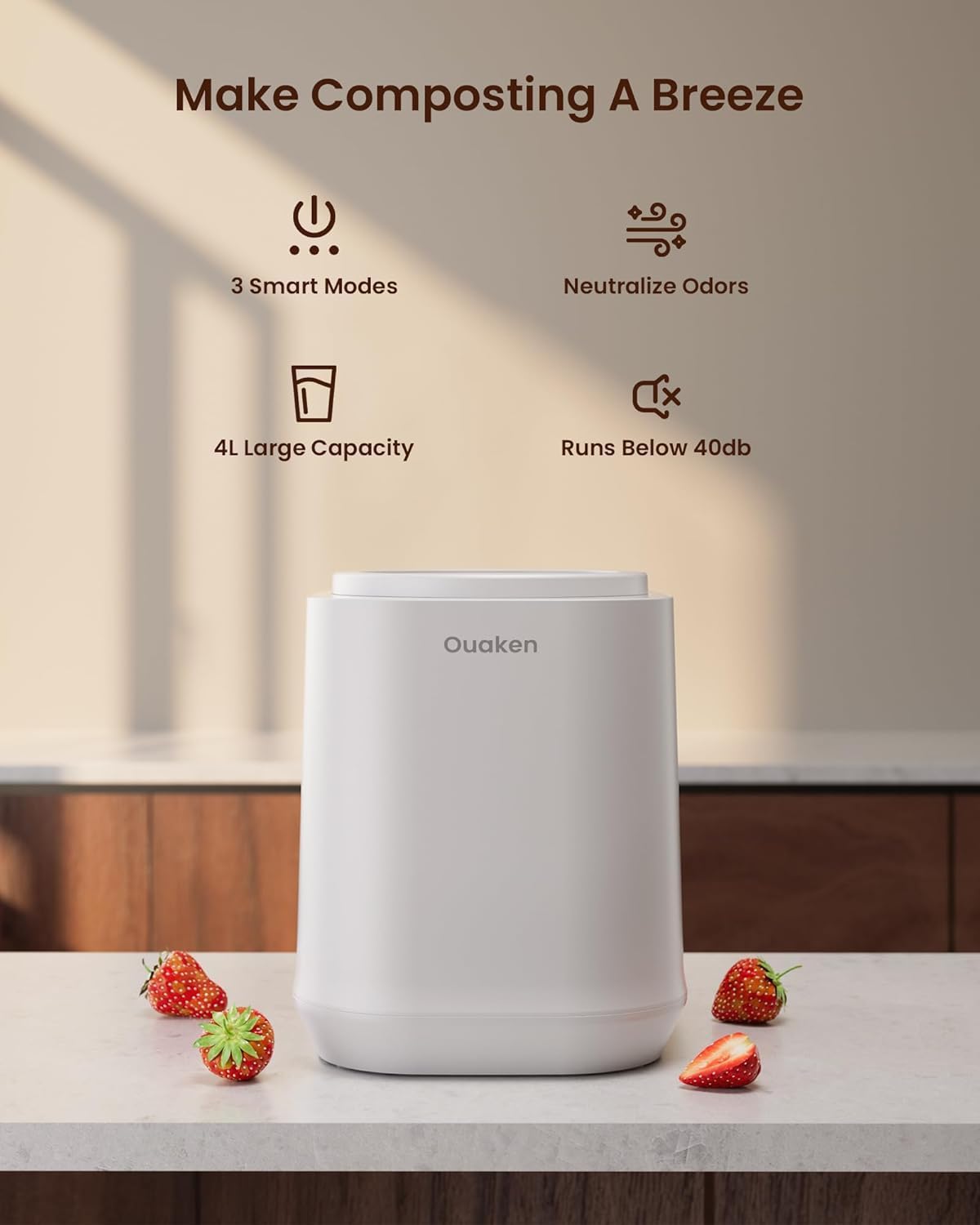 Electric Composter for Kitchen, 4L Smart Countertop Compost Bin, Odorless | Low Noise | Auto-Cleaning | Turn Food Waste into Fertilizer Within 3 Hrs