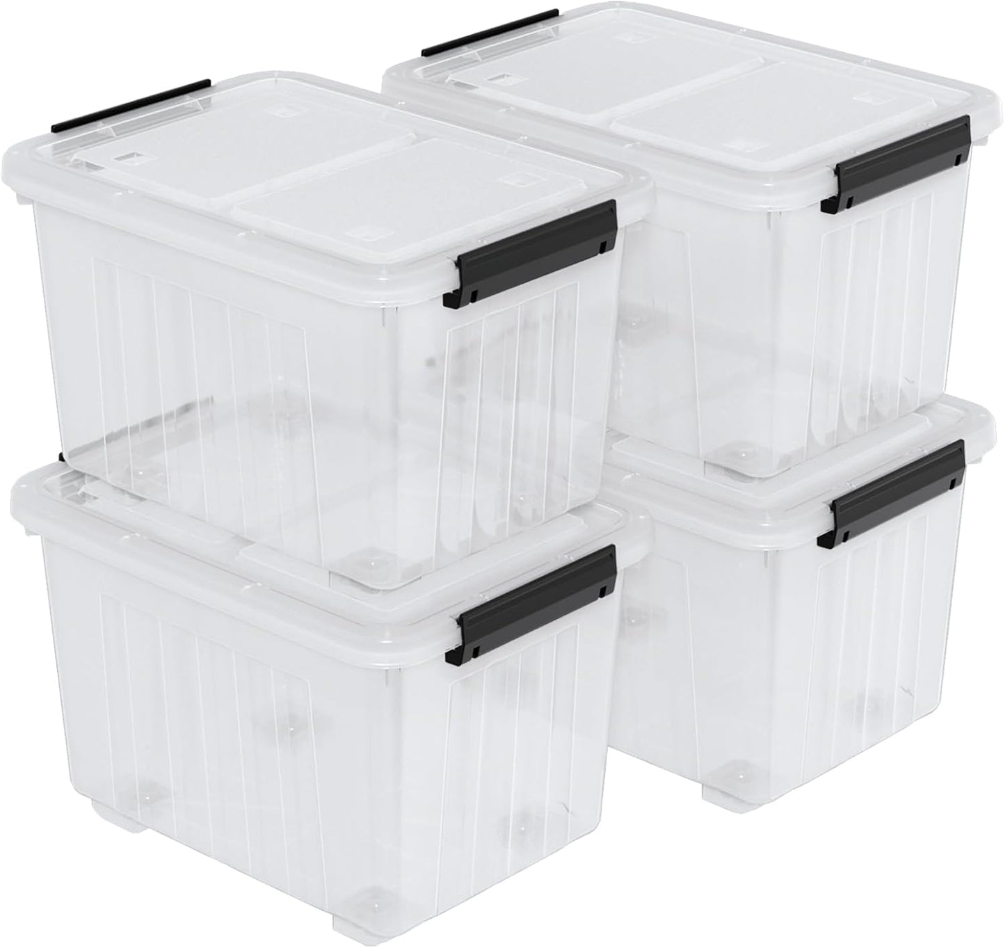 50 Quart Large Plastic Latching Box with Lid, Clear Storage Bin with Wheels, Stackable, 4 Packs