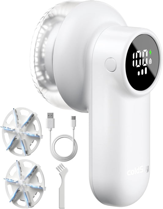 coldSky Rechargeable Fabric Shaver, Lint Shaver with Digital Display, Sweater Shaver with 6-Leaf Blades and Safety Lock, 3-Speeds Defuzzer Remove Fuzz, Pills from Clothes, Furniture, Sofa, White