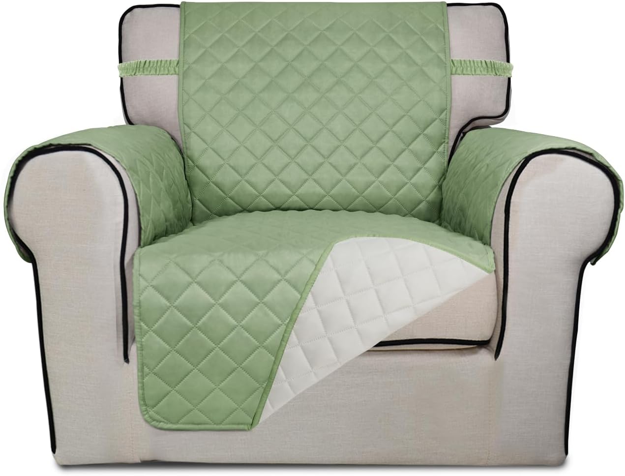 PureFit Reversible Quilted Sofa Cover, Water Resistant Slipcover Furniture Protector, Washable Couch Cover with Non Slip and Elastic Straps for Kids, Dogs, Pets (Chair, Sage Green/Ivory)