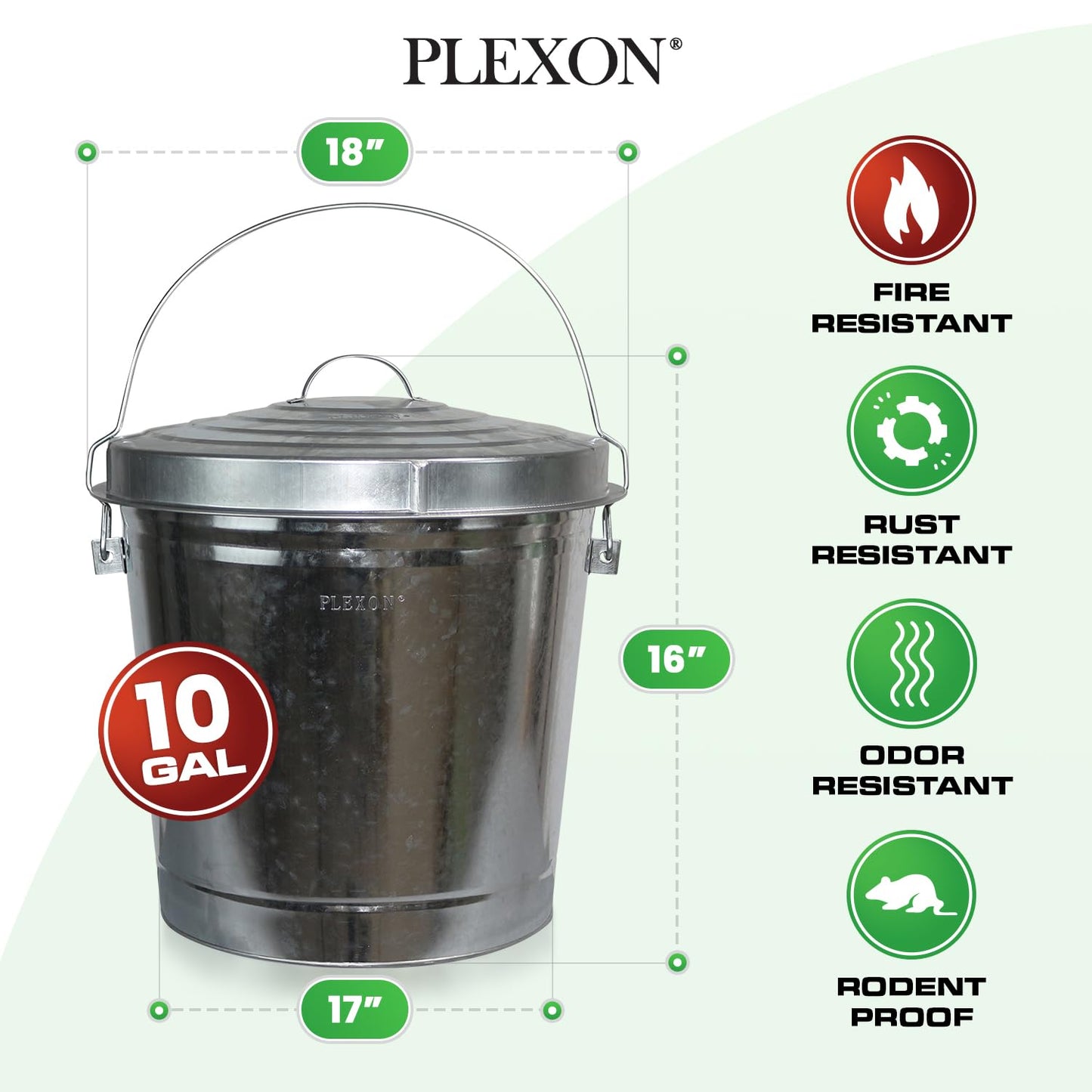 Plexon 10 Gallon Metal Trash Can with Locking Lid Galvanized Bucket with Lid for Poultry Feed Bird Seed Storage Ash Outdoor Garbage Trash Bin, 2 Pack