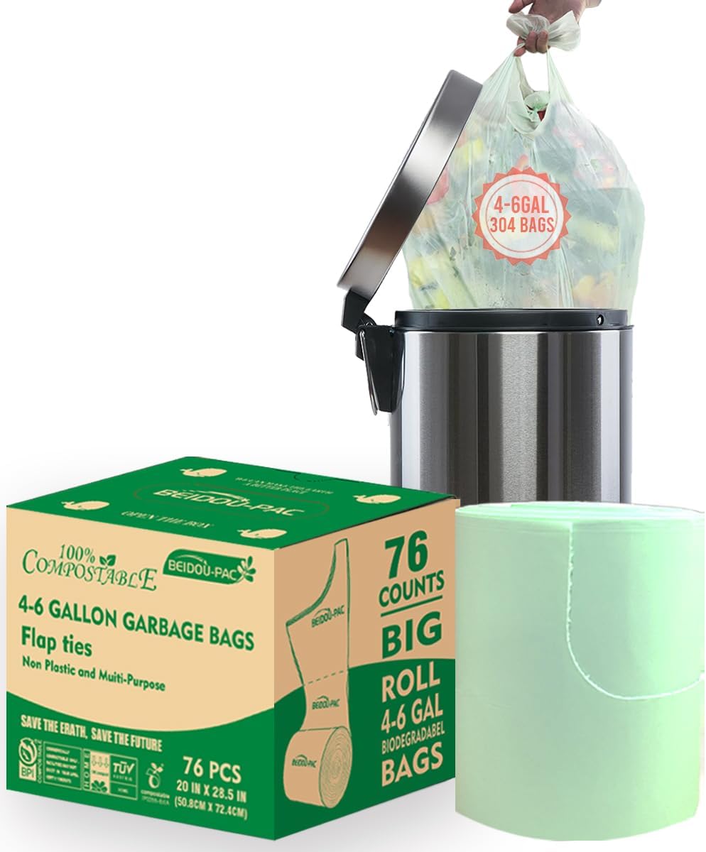4-6 Gallon Flap Tie Compostable Trash Bags, 76 Count, Kitchen Compost Bags, Sturdy Biodegradable Garbage for Food Scrap Waste, ASTM D6400, US BPI Certified