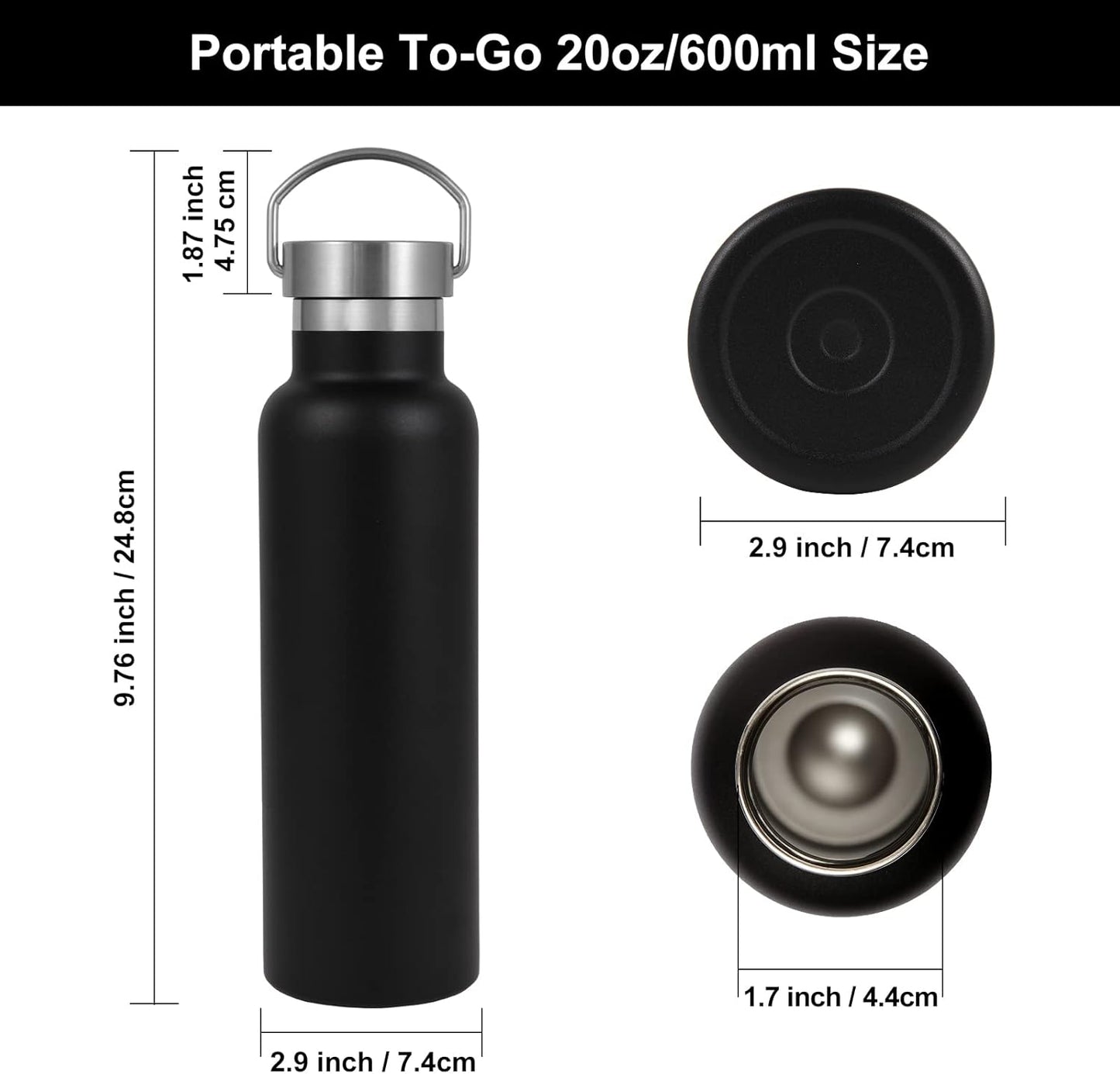 Neihepal Black Stainless Steel Water Bottles,20 Ounce Vacuum Insulated Double Wall Travel Bottle with Leak Proof Lid of Handle,Metal Reusable Standard Mouth Flask Thermoses for School,Hikers,Gift