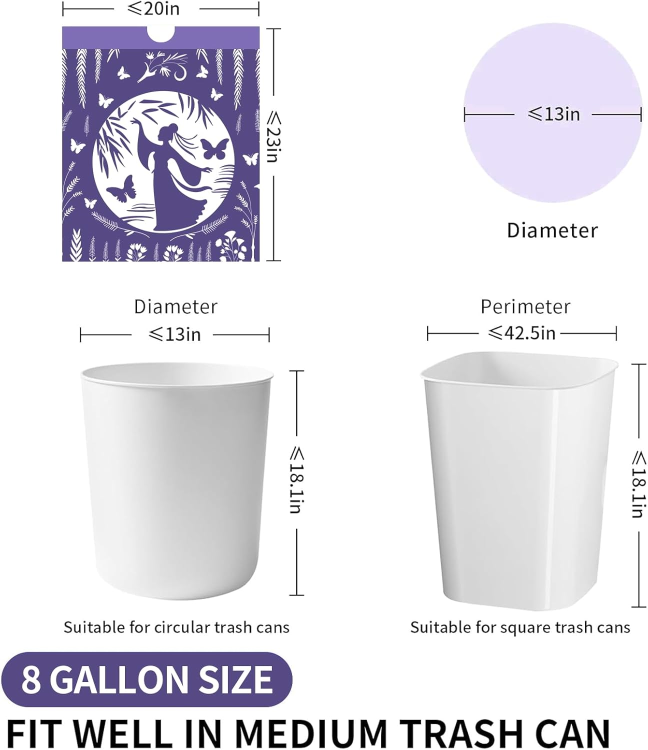 VOK 8 Gallon Trash Bags Drawstring, Medium Trash Bags for Office, Kitchen, Bedroom Trash Cans, Colored Portable Sturdy Garbage Bags 8 Gallon with Lavender Scent, 60 Counts