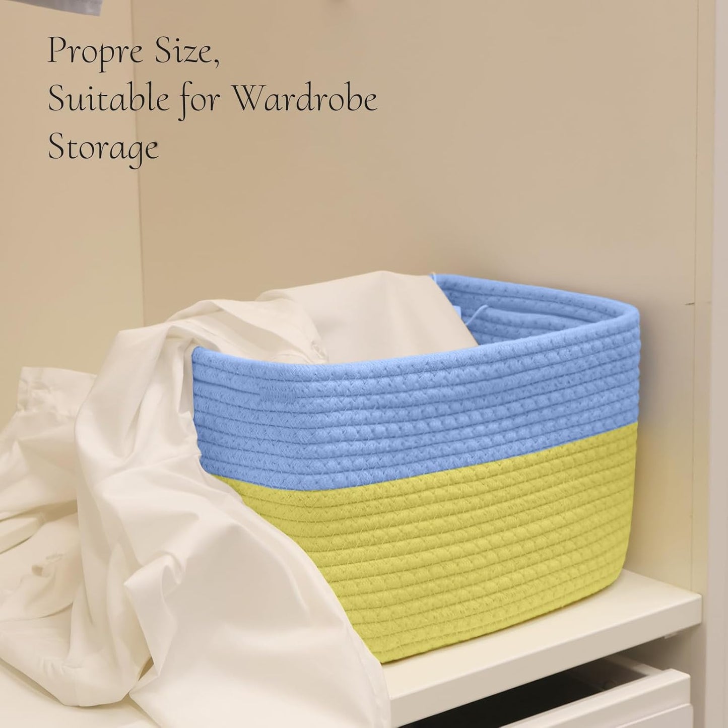 Hopegiver Woven Storage Baskets 11x8x7 Inch, 3 Pack Collapsible Cube Storage Bin for Shelves - Foldable Cotton Rope Organizer Bins for Towels, Toys, Books, Closet, Nursery (Blue Yellow)