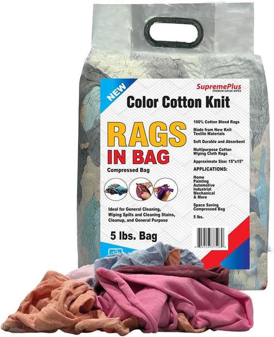 Premium Color Knit Cleaning Rags (5 lbs. Bag) – Shop Rags Bulk for Workshops, Mechanics, Painters, and Home Use, Multipurpose Cotton T-Shirt Rags