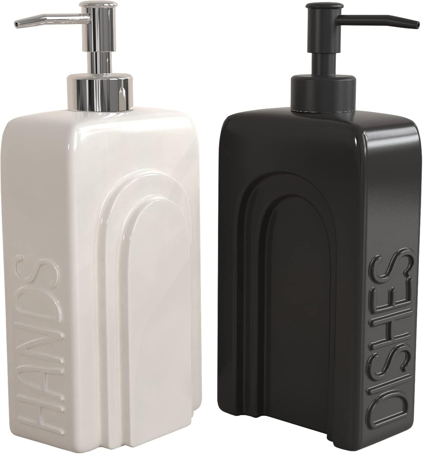 Soap Dispenser Set with Funnel, Non-Slip Silicone Pads, 2 Pack Ceramic Refillable Dish Soap and Hand Soap Dispenser for Kitchen, Bathroom, Matte Black and White