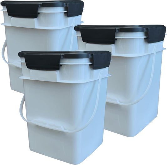 House Naturals 4 Gallon Square Food Grade Bucket Pail with Plastic Handles and Lid (Pack of 3) Made in USA containers (White - Black lids)