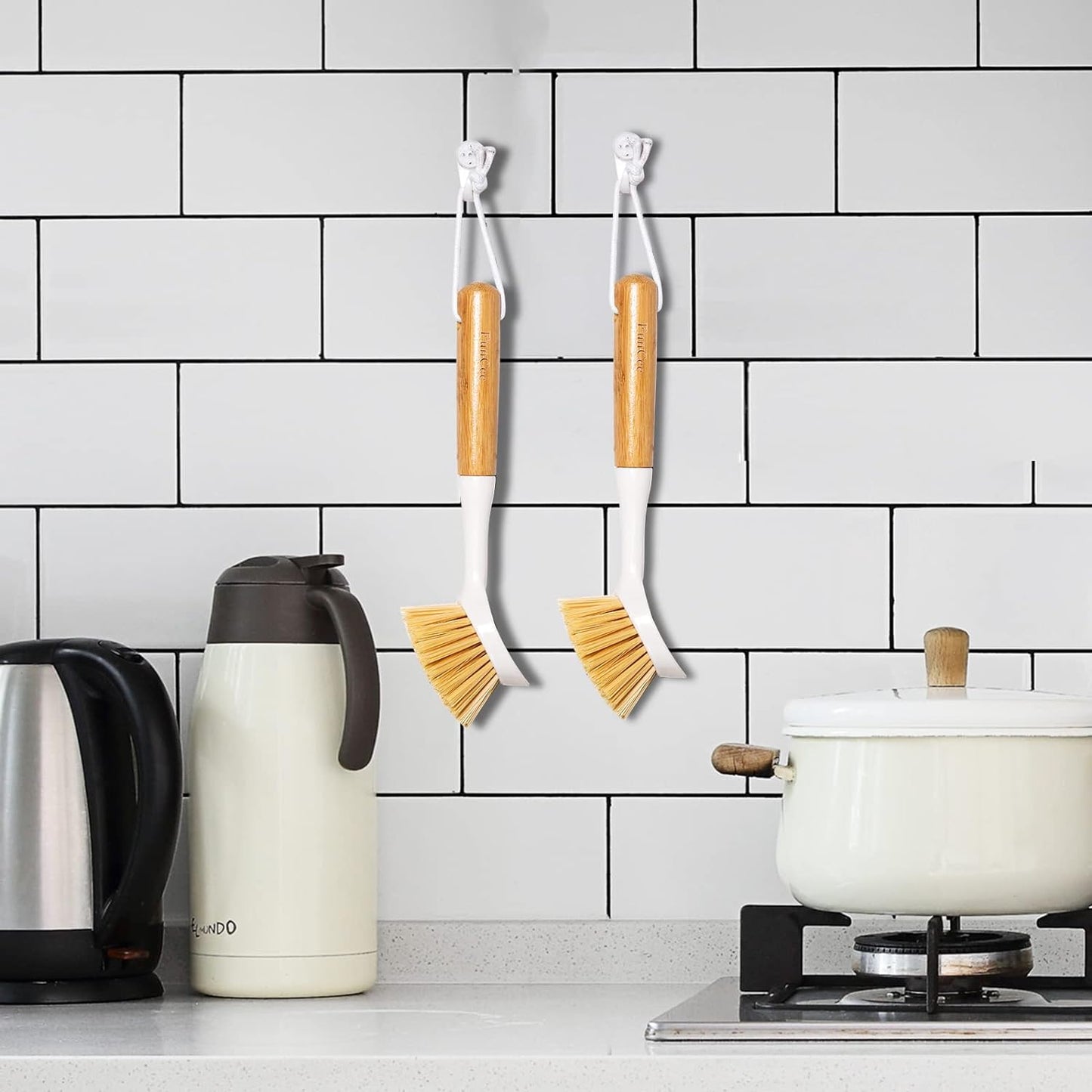 2 Pack Kitchen Dish Brushes with Bamboo Handle, Dish Scrubber Built-in Scraper, Scrub Brush for Pans, Pots, Counter & Kitchen Sink Cleaning, Dishwashing and Cleaning Brush Tools, White