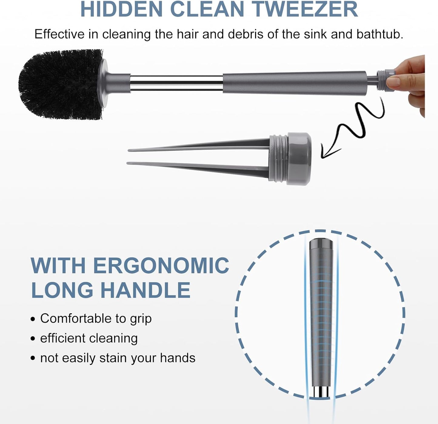 SetSail Toilet Brush and Holder 4 Pack, Self Closing Lid Toilet Bowl Brushes Holder Extra Long Handle Ventilated Toilet Brush Set for Bathroom Cleaning, Nylon Bristles, Grey