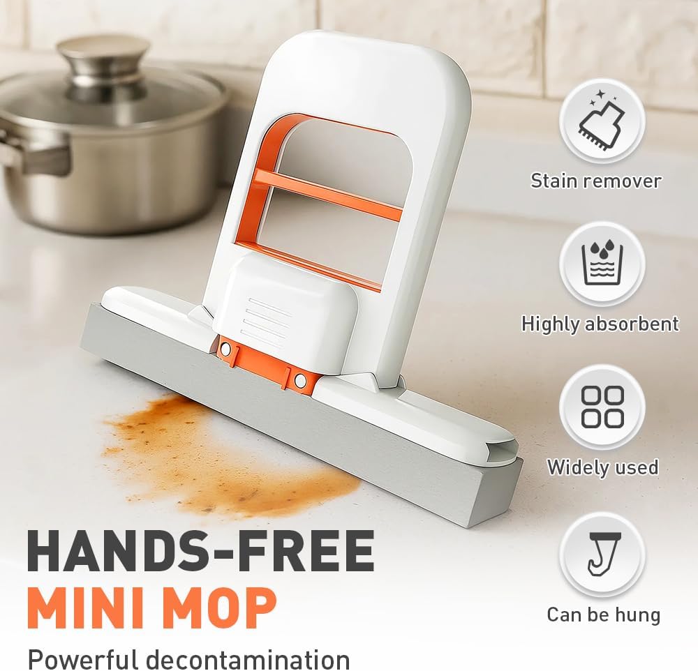 Mini Foldable Desktop Mop, Wet and Dry Portable Cleaning Sponge Mop,Self Squeezing Mini Sponge Mop with One Replaceable Head,for Small Spaces,Bathroom,Kitchen,Glass (Orange/1pcs)