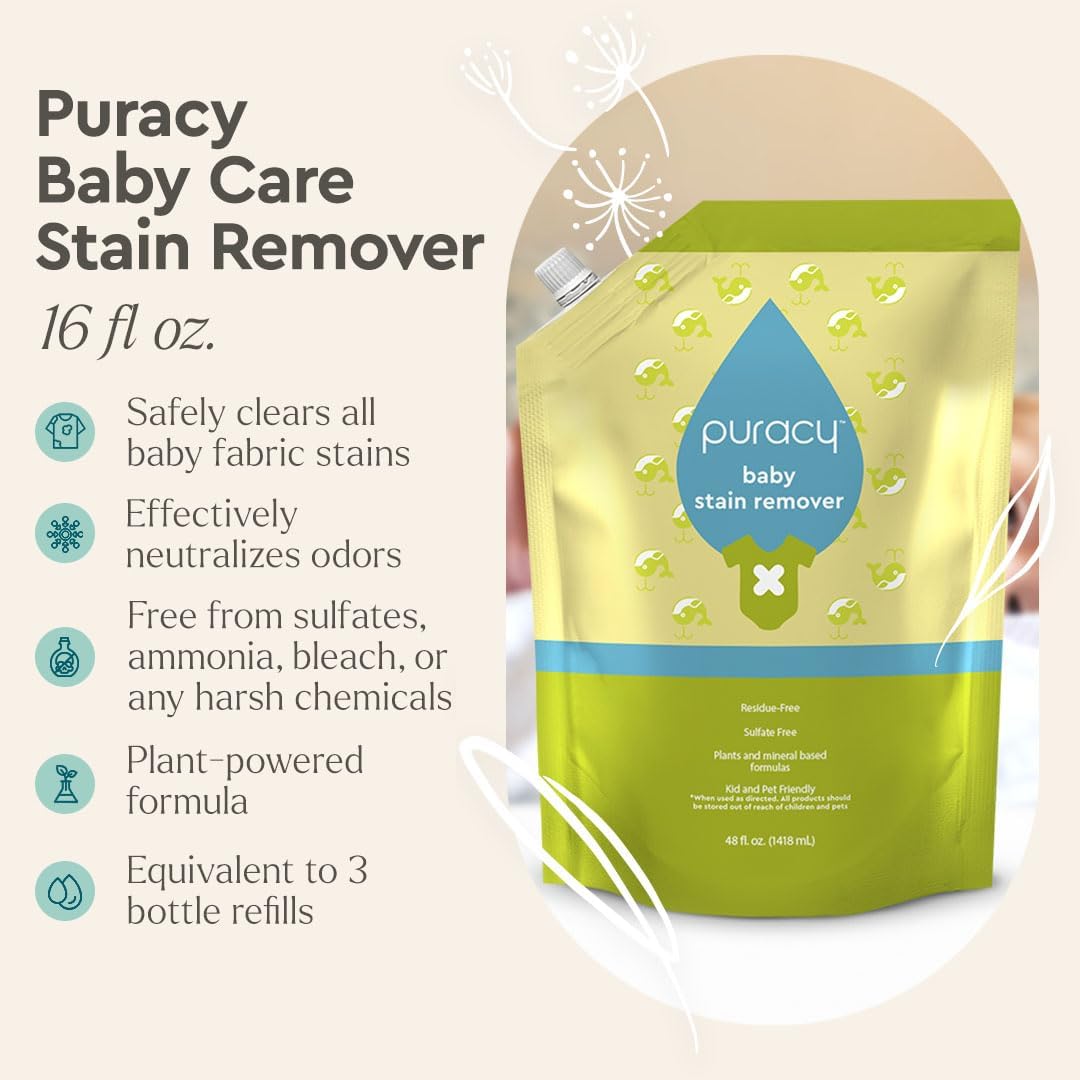 Puracy Stain Remover - Cleaning Spray, Clothes Stain Removal, Laundry Stain Spray for Clothes, Travel Spot and Oil Remover - Natural Spot Cleaner, 48 Oz