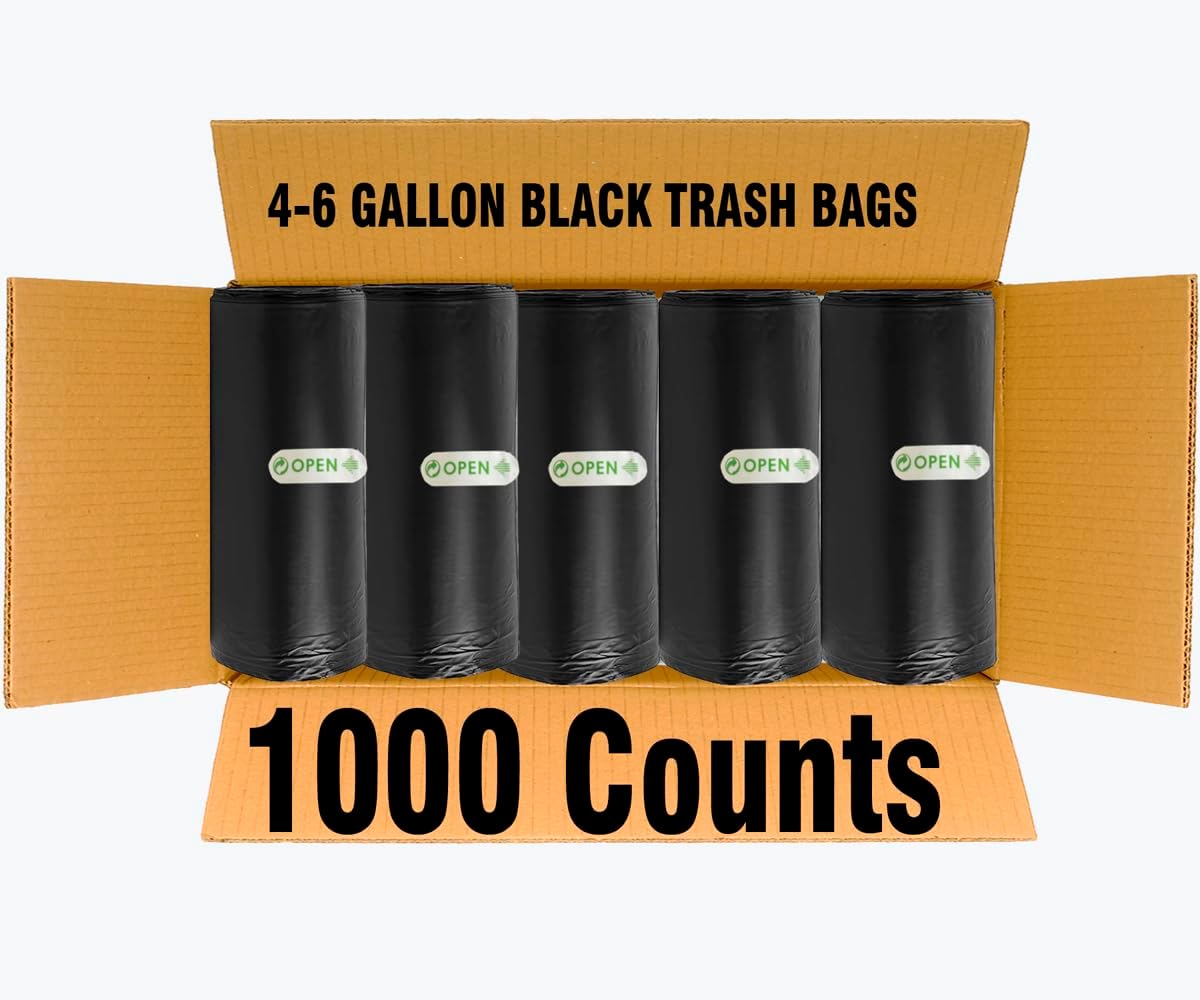 4-6 Gallon Trash Bags, 1000 Count Bulk Value Pack Black Garbage bags, Multi-purpose Trash Can Bin Liners for Bathroom, Office, Industrial, Commercial, Janitorial, Municipal, Recycling