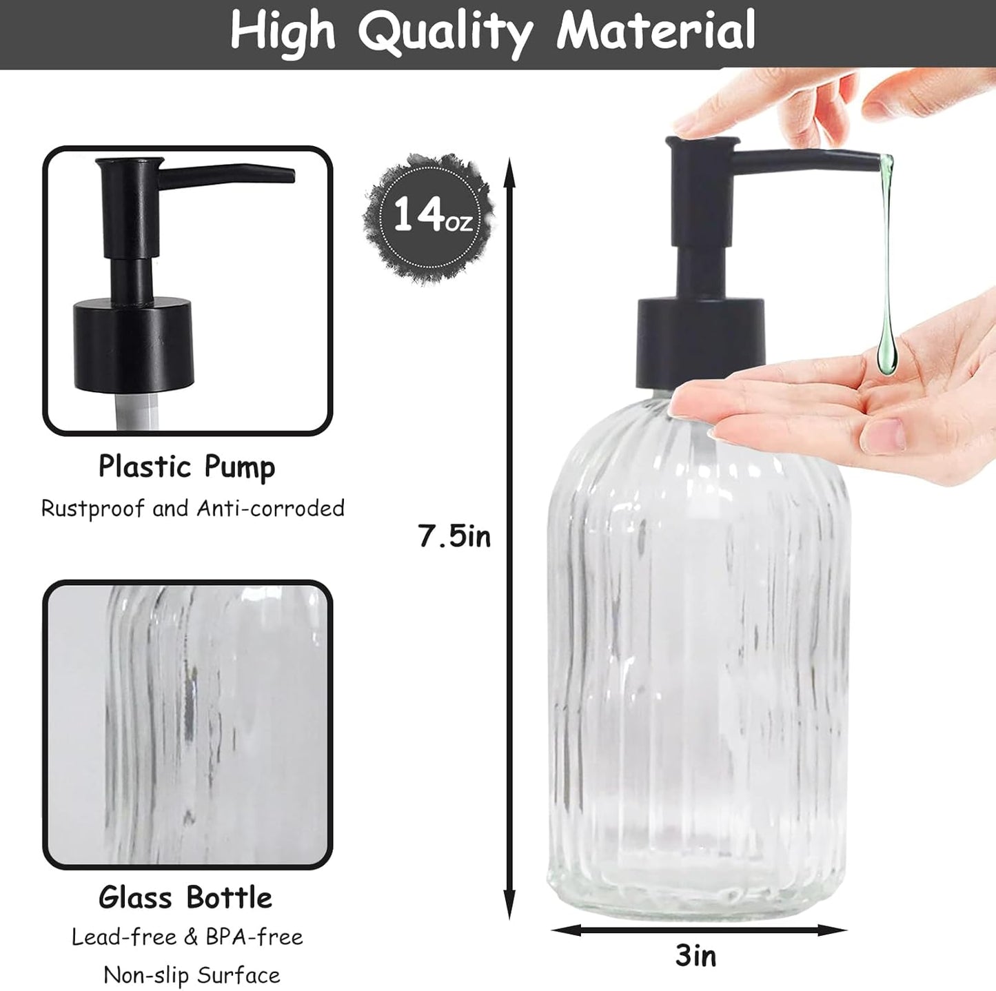 Clear Glass Soap Dispenser with Black Plastic Pump, 13.5oz Refillable Liquid Hand Soap Dispenser, Lotion Dish Soap Dispenser for Modern Home Decor, Bathroom, Kitchen Countertop, Hotel