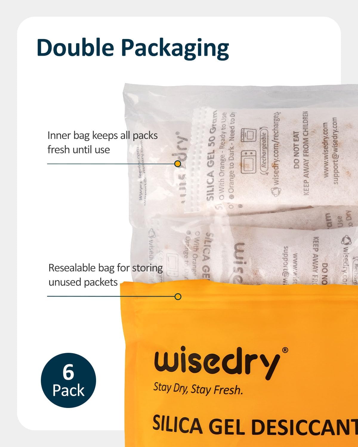 wisedry 50 Gram [6PACKS] Rechargeable Silica Gel Desiccant Packets Fast Reactivate Desiccant Bags Orange to Green indicating for Air Dryer Food Grade