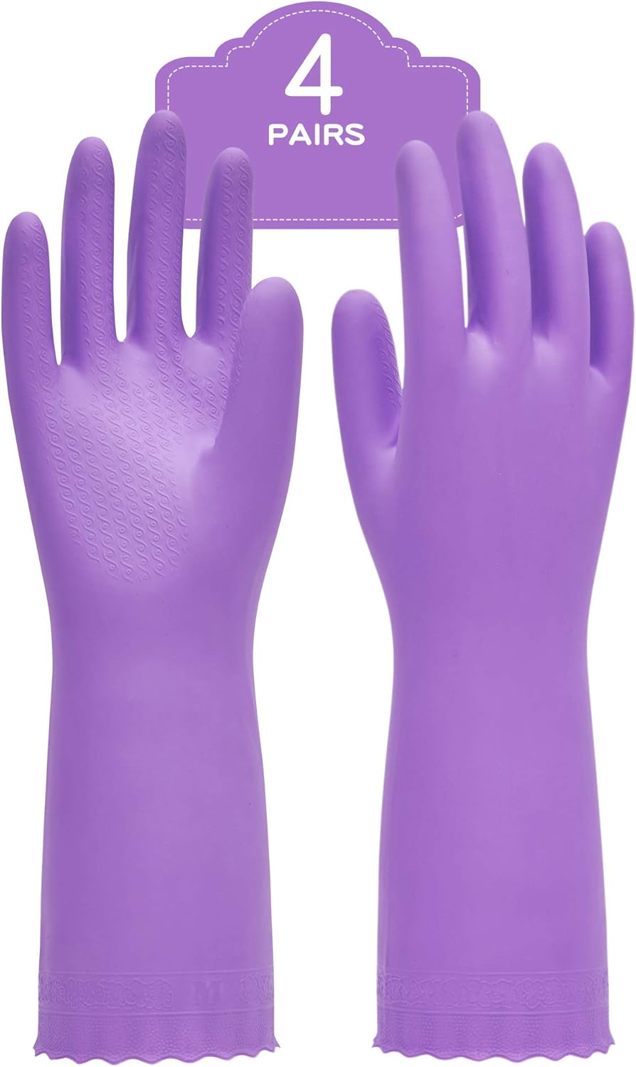 PACIFIC PPE 4 Pairs Reusable Dishwashing Cleaning Gloves with Latex Free, Cotton Lining, Kitchen Gloves, Purple, Small