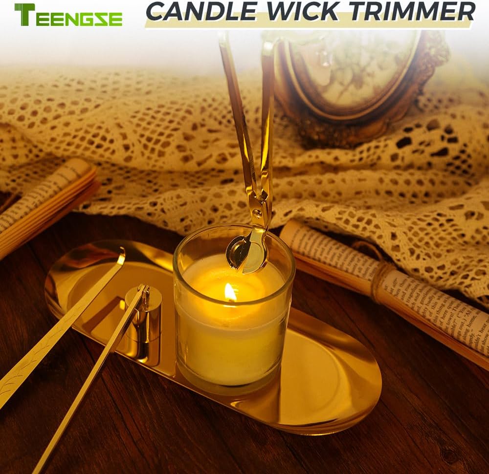 3 in 1 Candle Accessory Set, Candle Wick Trimmer, Candle Wick Snuffer, Candle Wick Dipper, Beautiful Box for Candle Lover (Gold)