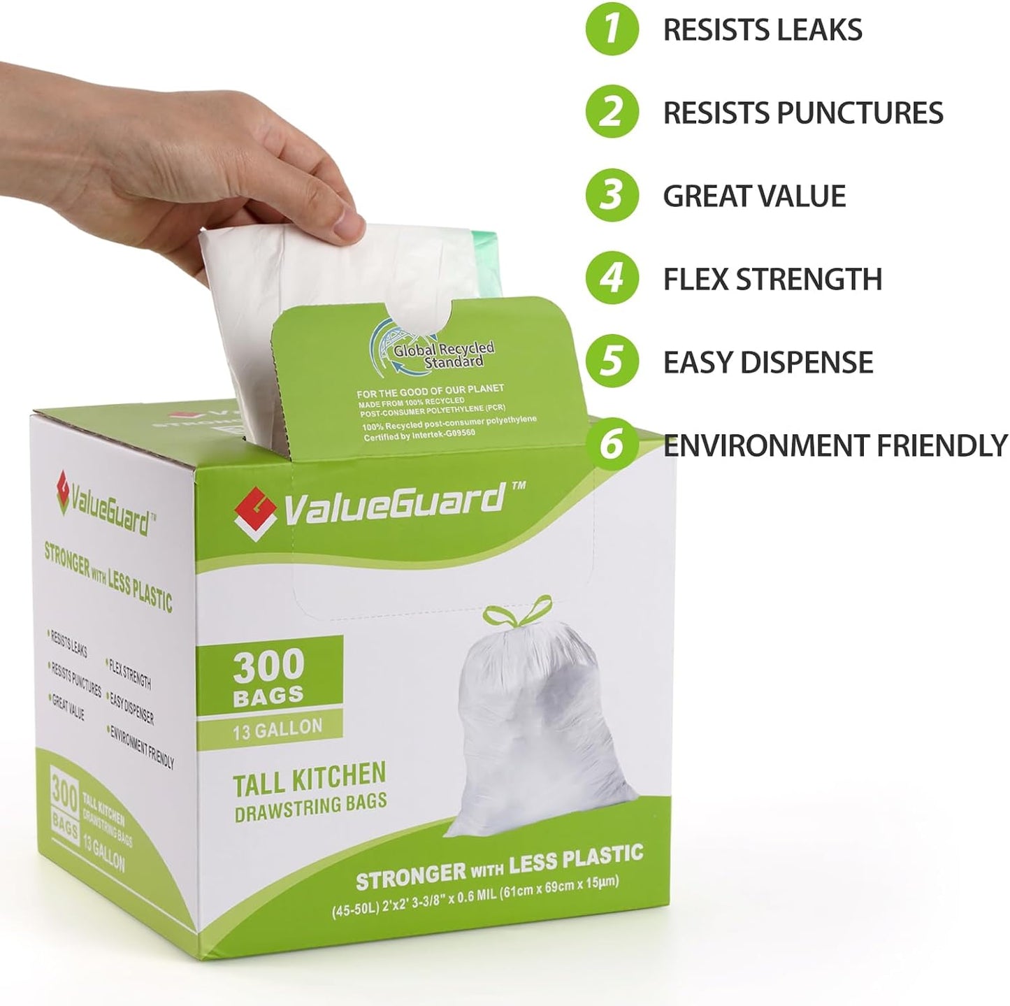 Large Trash Bags 13 Gallon Tall Drawstring 100% Post-Consumer Recycled Garbage Bag Waste Bag for Kitchen Office 0.6 Mil (300 Count)